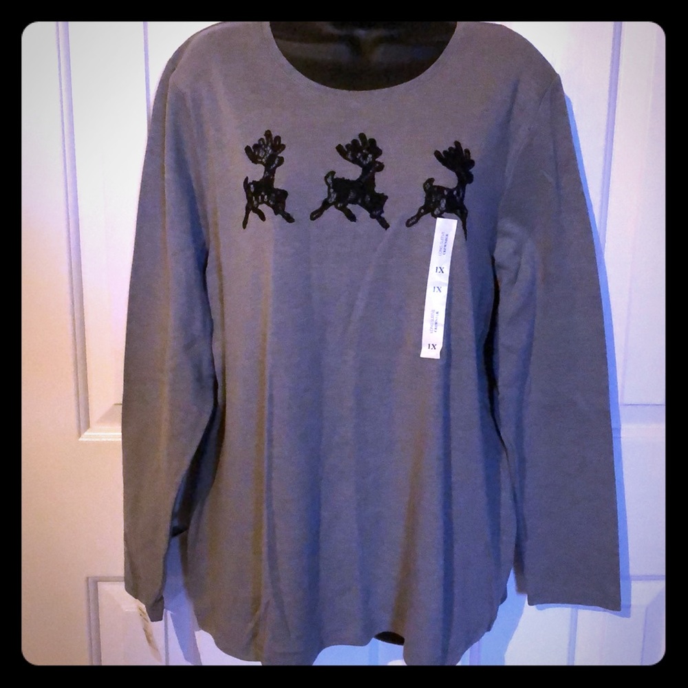 Plus Size 1X Scoop Neck, Long Sleeve, Tunic Top with Embroidered Reindeer